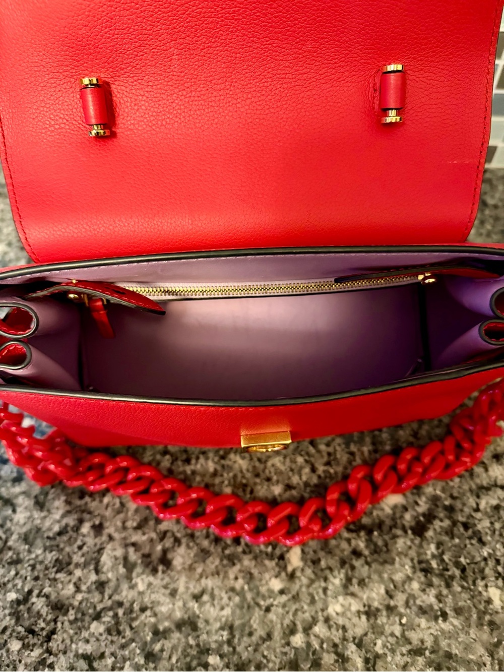 Versace Bright Red Leather Top-Handle Satchel with Chain Strap - Picture 8 of 11